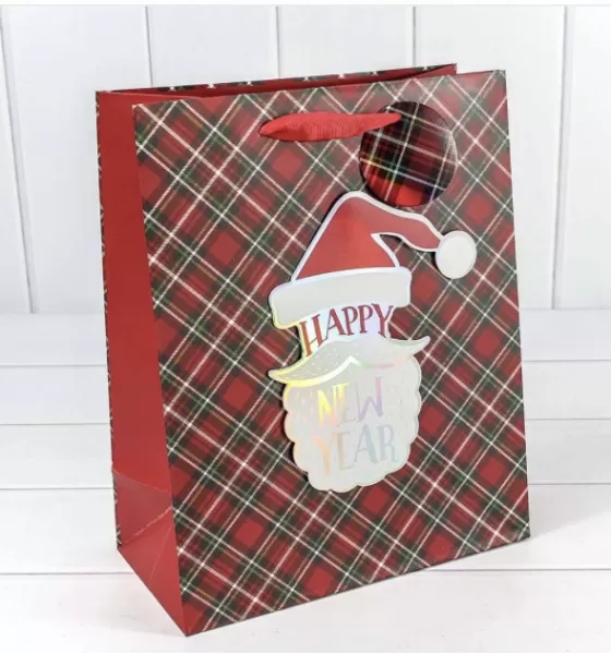 Подарочный пакет 3D "Дед мороз на клетчатом фоне" 18*23*10