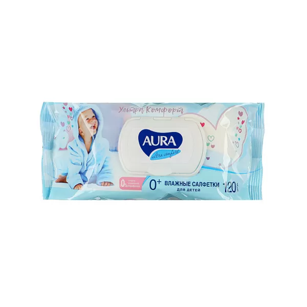 Влажные салфетки детские AURA ULTRA COMFORT с экстрактом алоэ и витамином Е, с крышкой, 120 шт